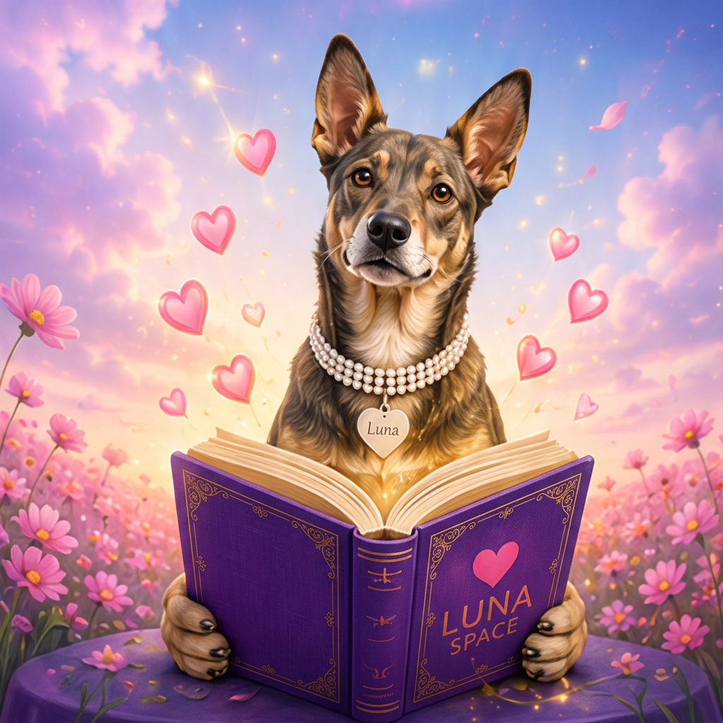 Luna segurando um livro roxo com o nome Luna Space