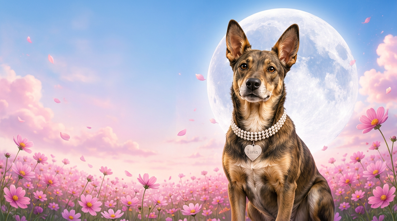 Luna sentada em um campo de flores rosas sob a lua cheia